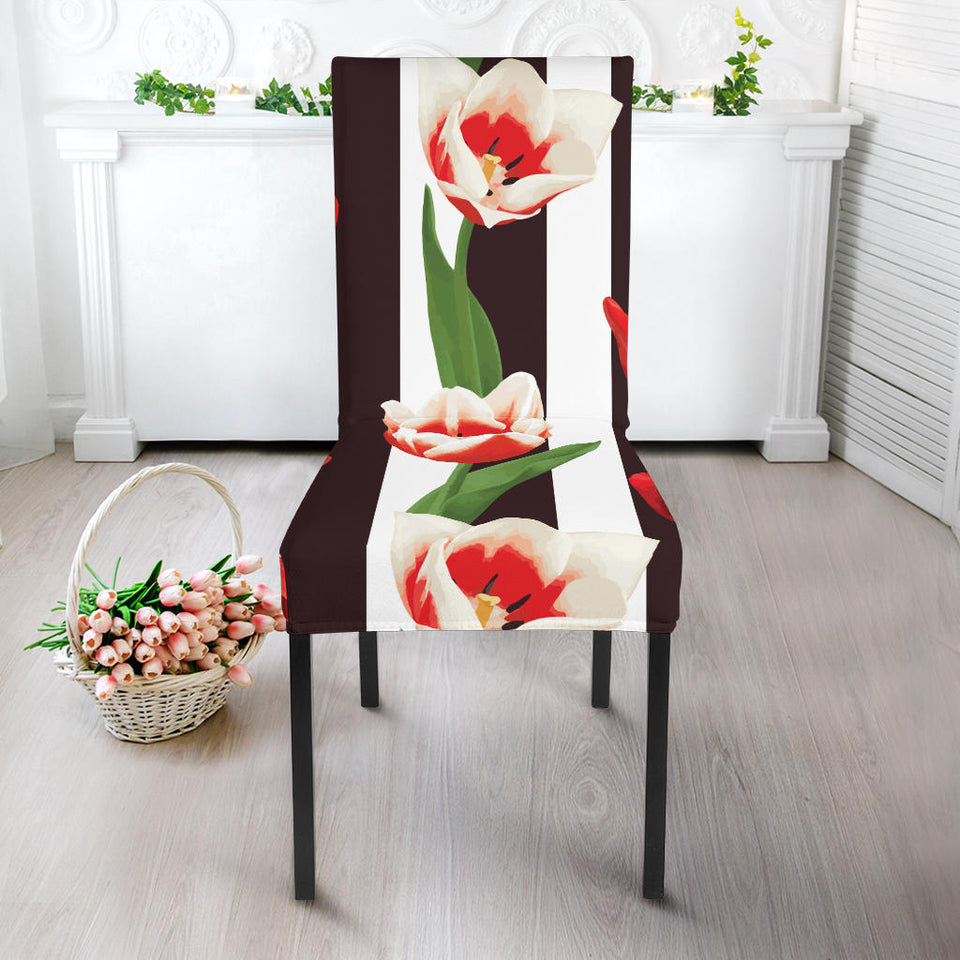 Red And White Tulips Pattern Dining Chair Slipcover