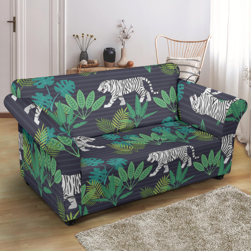 White Bengal Tigers Tropical Plant Loveseat Couch Slipcover