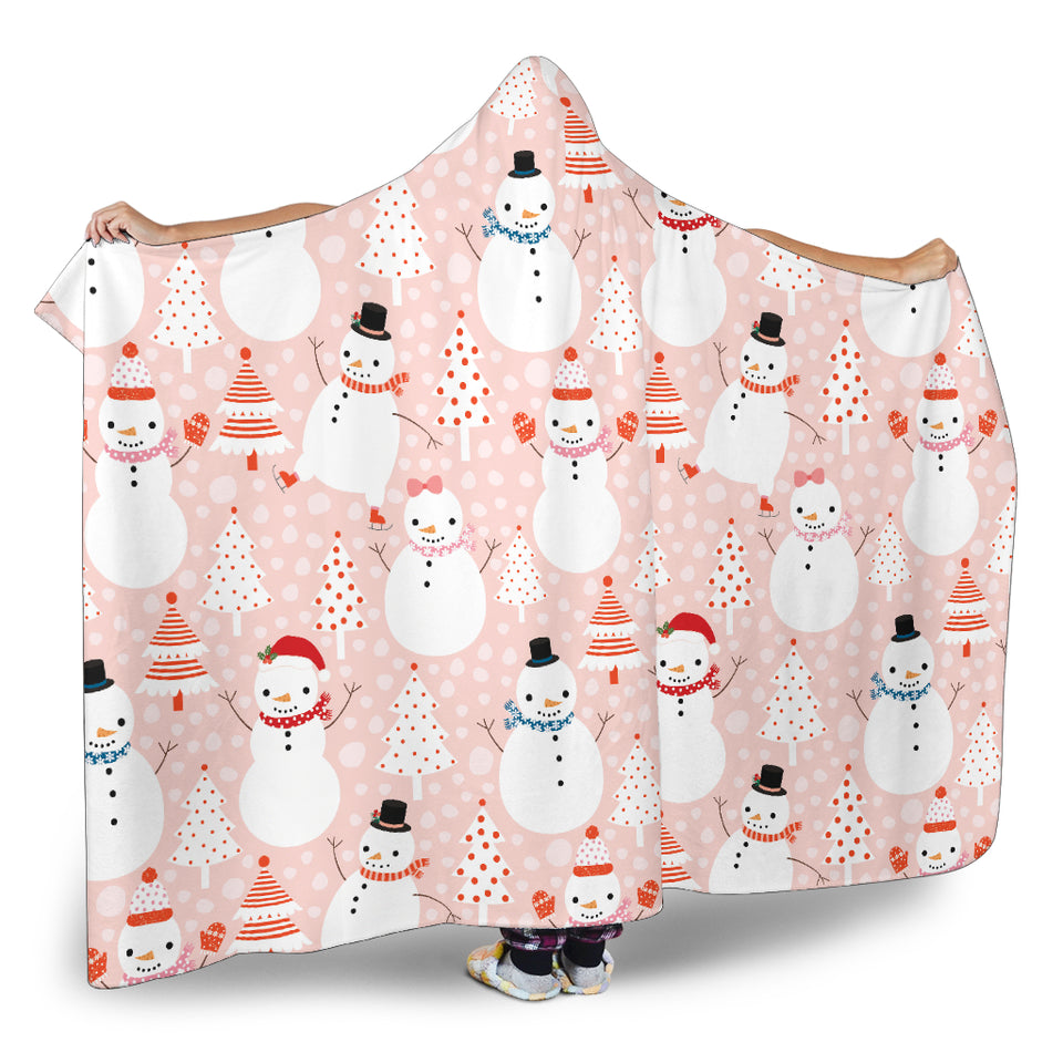 Cute Snowman Christmas Tree Snowpink Background Hooded Blanket