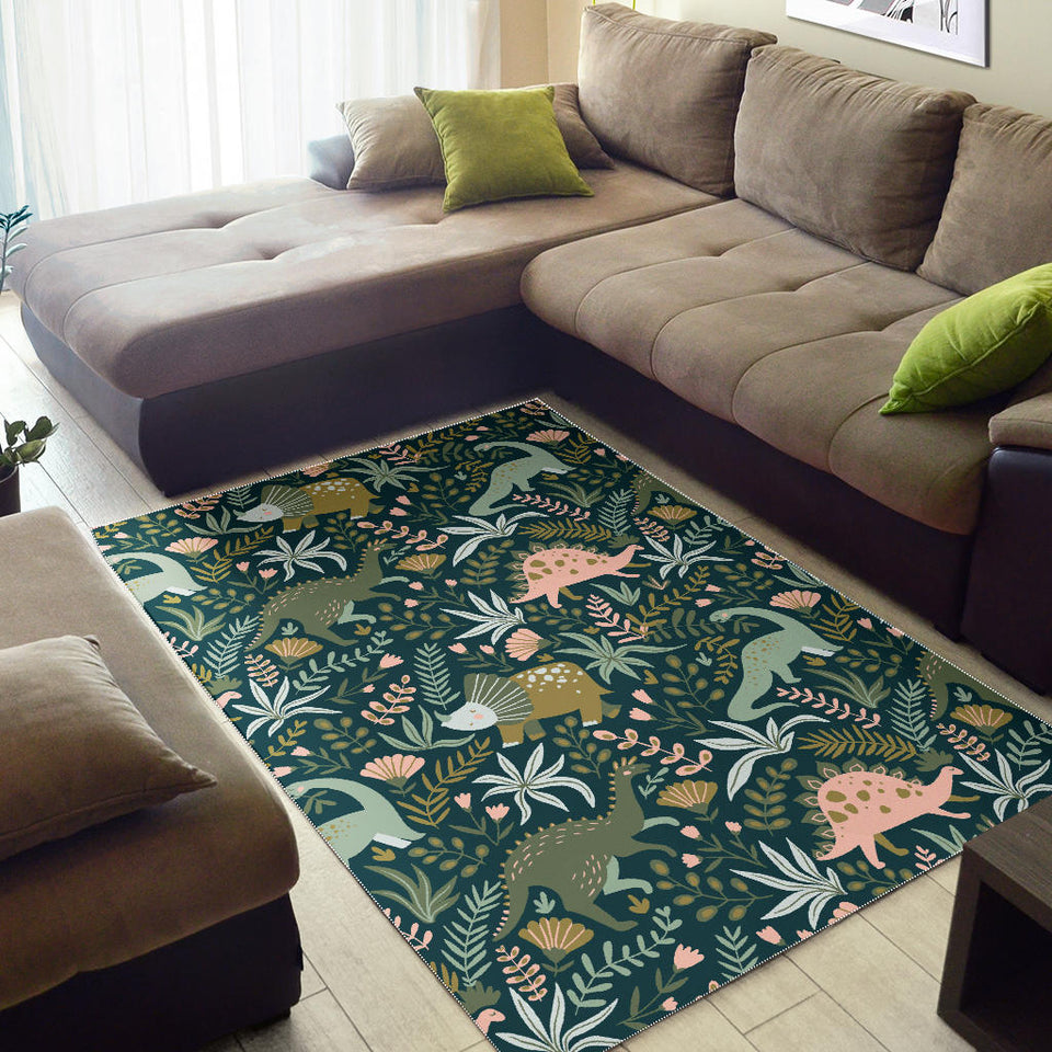 Dinosaurs Tropical Leaves Flower Pattern Area Rug