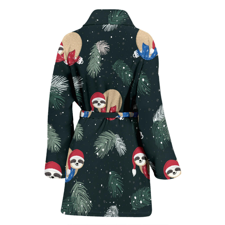 Cute Sloths Sleeping Christmas Ball Santa Hat Pattern Women'S Bathrobe