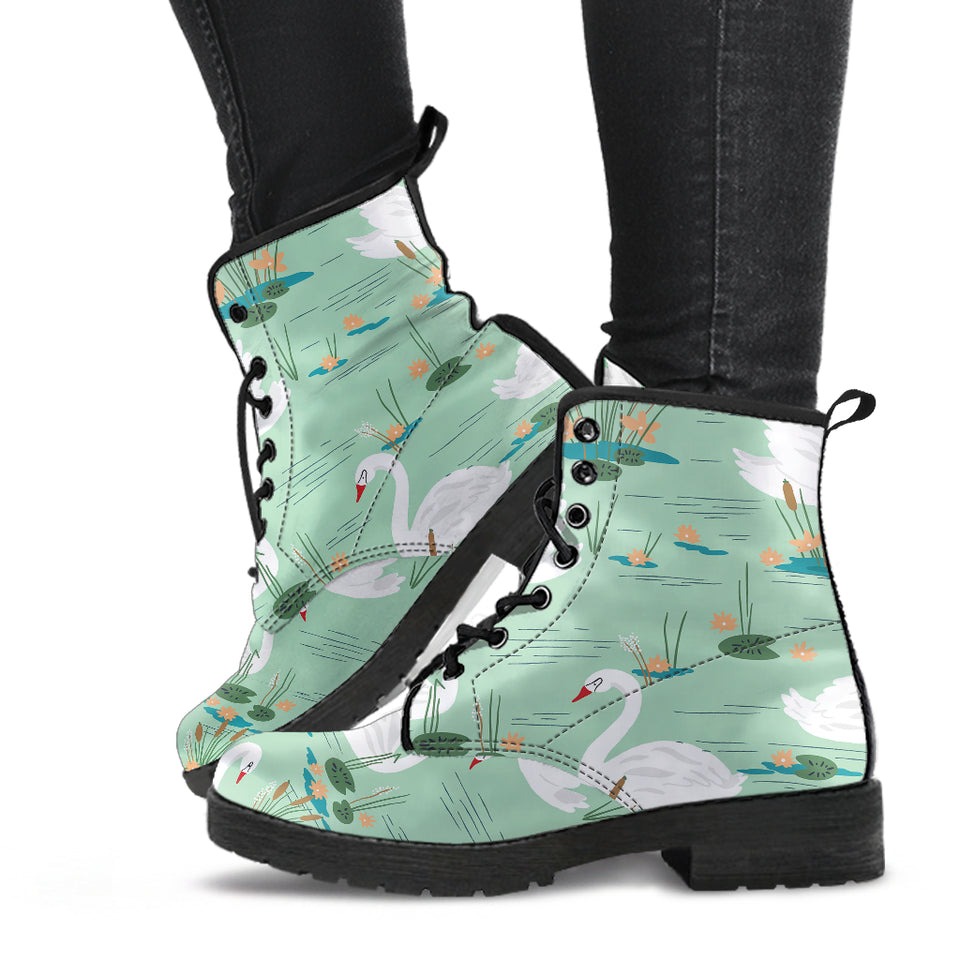 White Swan Lake Pattern Leather Boots