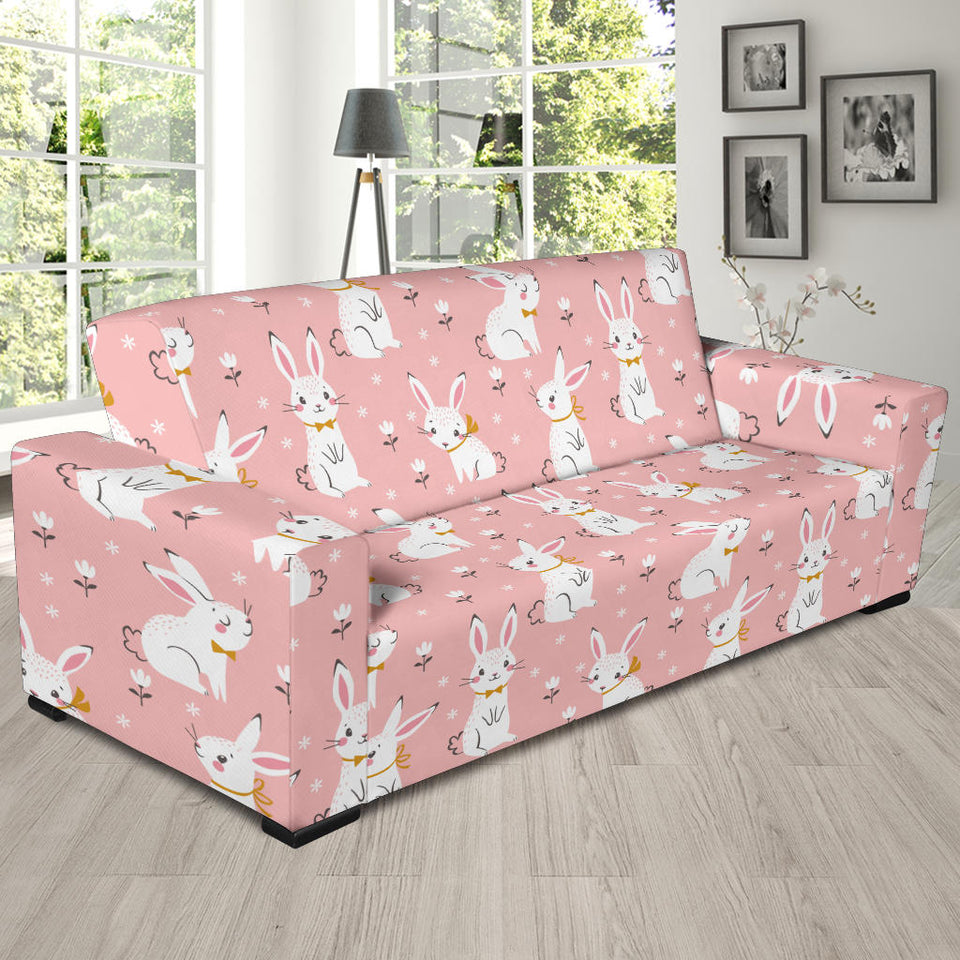 Cute White Rabbit Flower Pink Background Sofa Slipcover