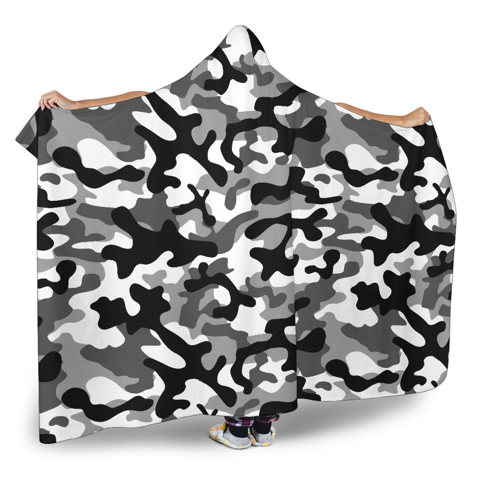 Black White Camo Camouflage Pattern Hooded Blanket