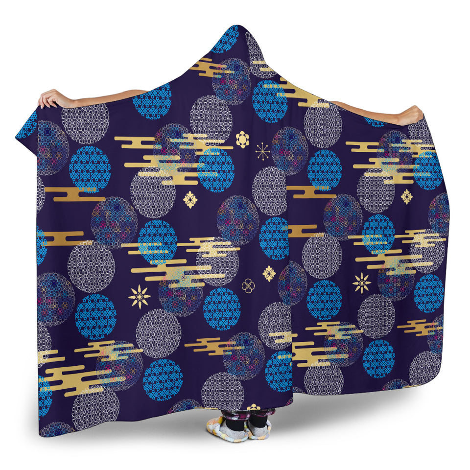 Blue Japanese Pattern Cloud Wave Flower Hooded Blanket