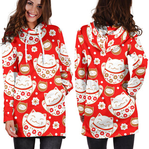 Cute Maneki Neko Lucky Cat Red Background Women'S Hoodie Dress