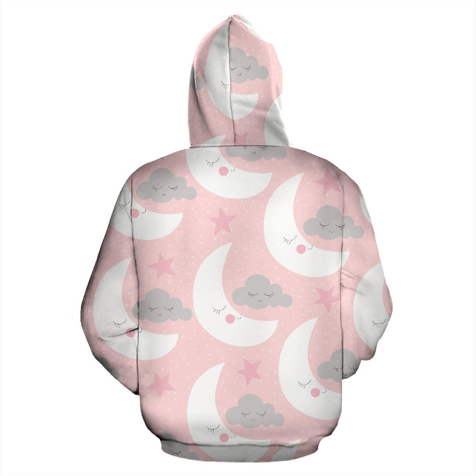 Cute Moon Cloud Star Pattern Pink Dot Background Men Women Pullover Hoodie