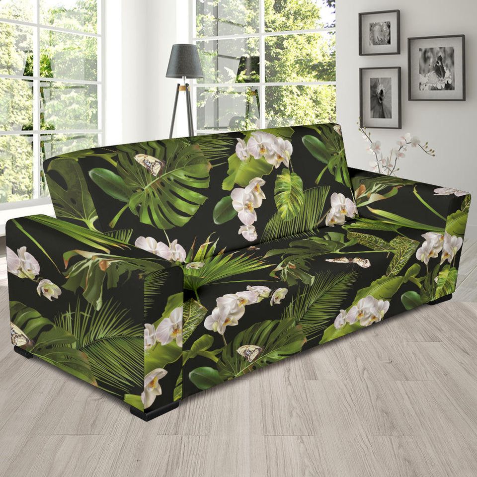 White Orchid Flower Tropical Leaves Pattern Blackground Sofa Slipcover