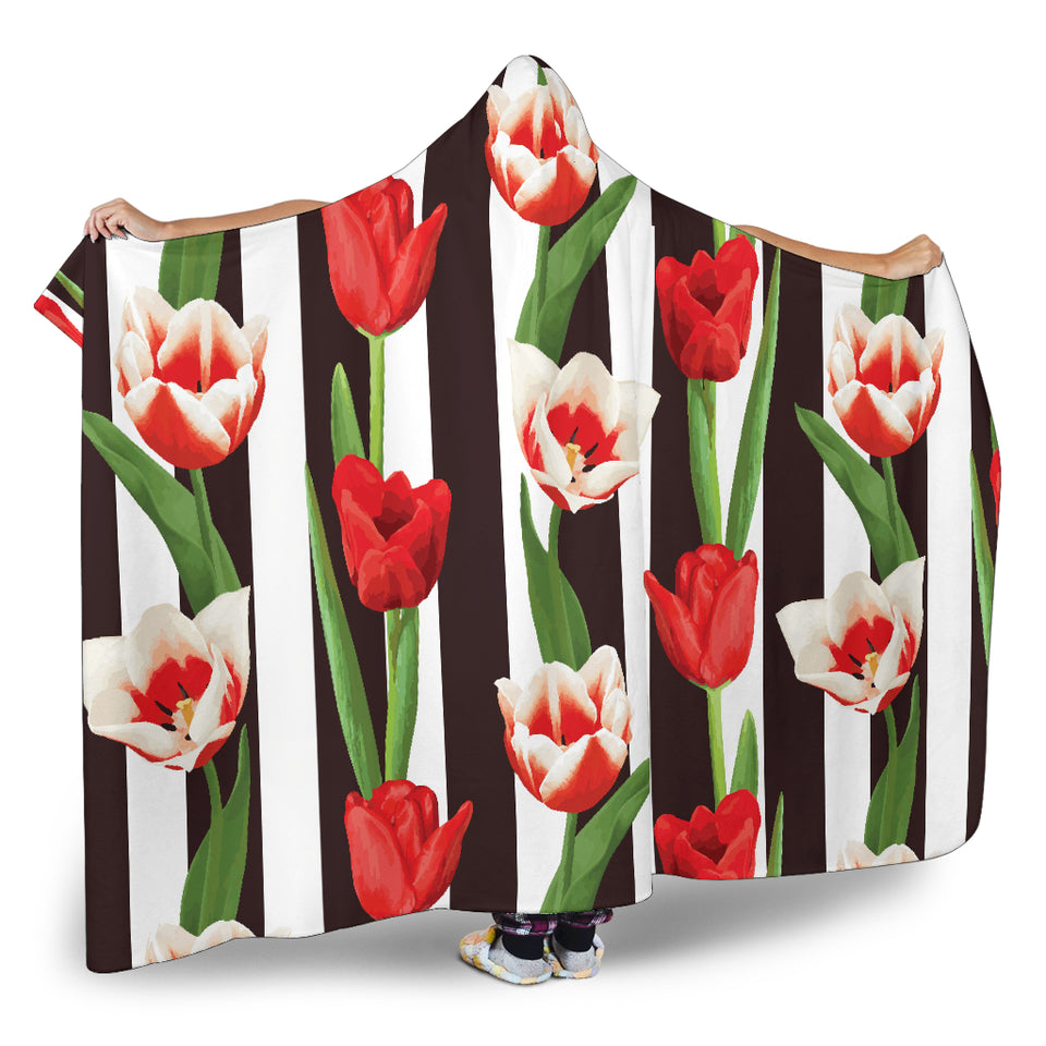 Red And White Tulips Pattern Hooded Blanket