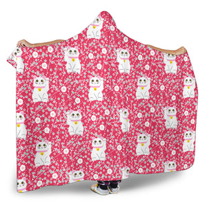 Maneki Neko Lucky Cat Sakura Pink Background Hooded Blanket