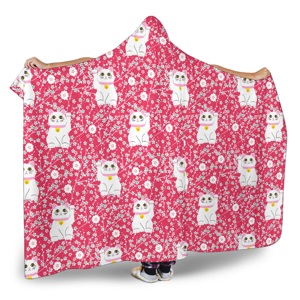 Maneki Neko Lucky Cat Sakura Pink Background Hooded Blanket