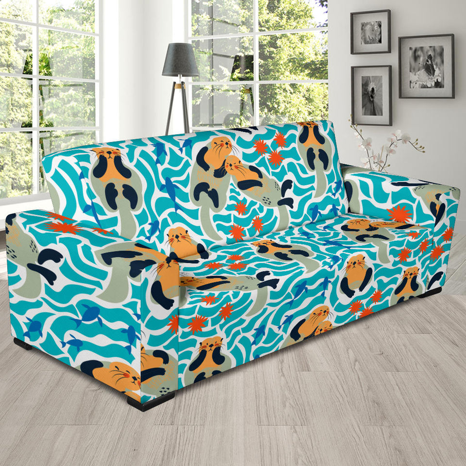 Cute Sea Otters Fishe Sea Urchin Pattern Sofa Slipcover