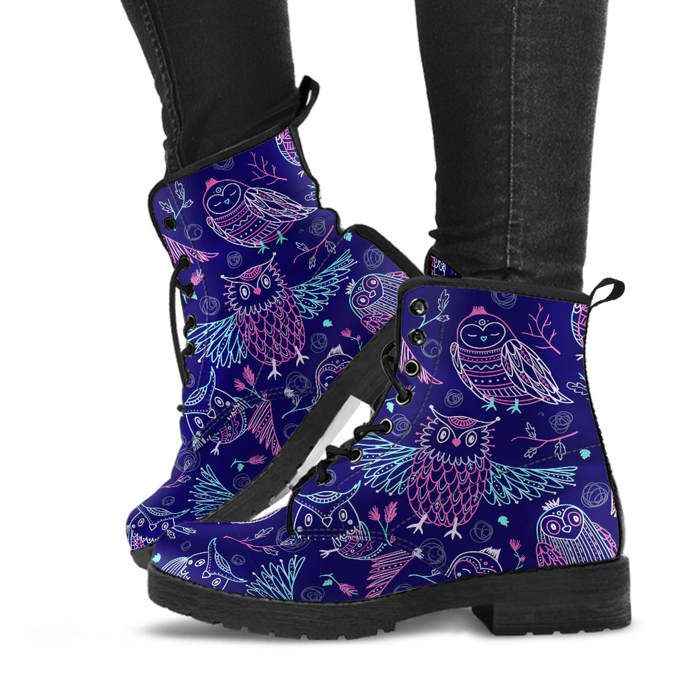 Cute Owls Pattern Boho Style Ornament Leather Boots