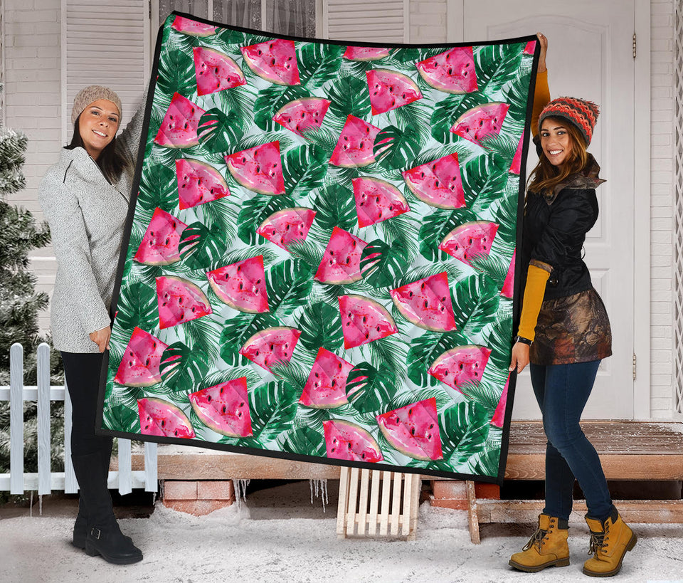 Watermelons Tropical Palm Leaves Pattern Premium Quilt