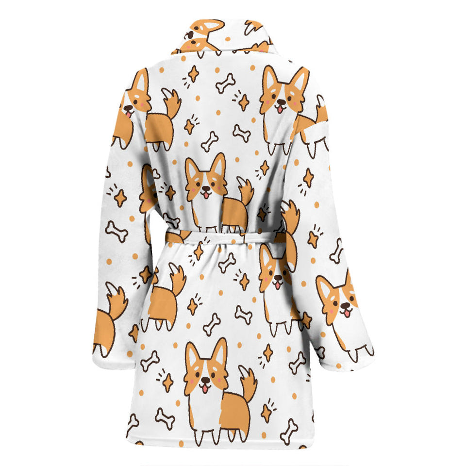 Cute Corgi Heart Star Bone Pattern Women'S Bathrobe