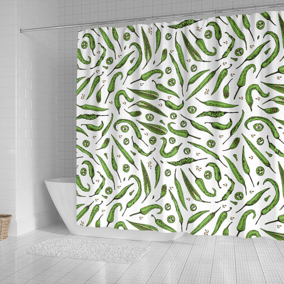 Hand Drawn Sketch Style Green Chili Peppers Pattern Shower Curtain Fulfilled In US