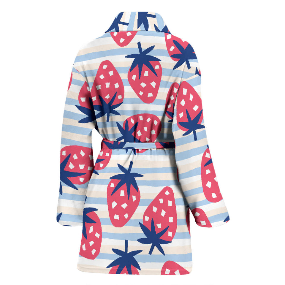 Strawberry Pattern Blue Lines Background Women'S Bathrobe