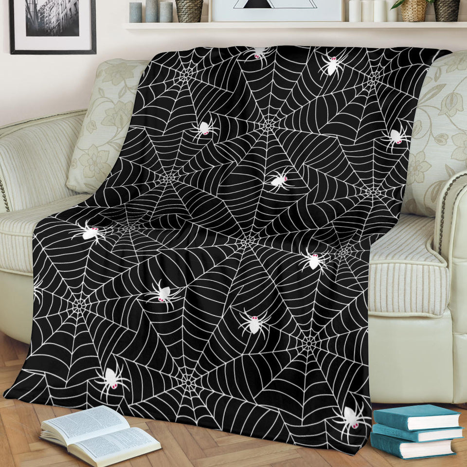 Spider Web Design Pattern Black Background White Cobweb Premium Blanket