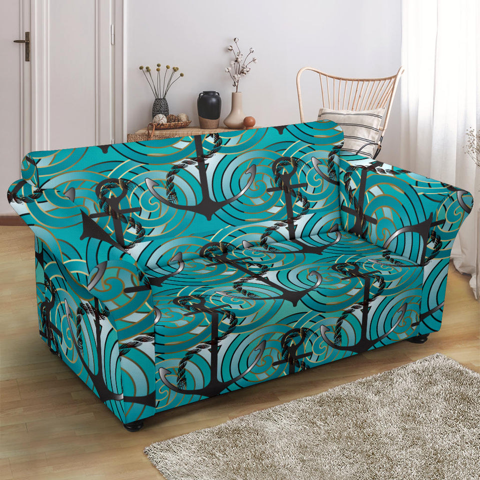 Anchor Nautical Green Background Loveseat Couch Slipcover