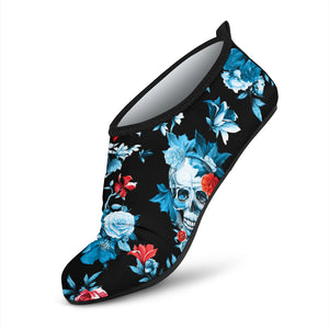 Skull Flower Roses Leave Pattern Aqua Shoes