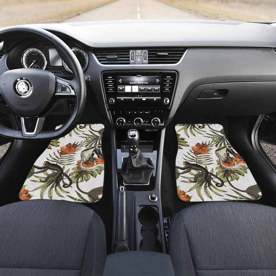 Monkey Red Hibiscus Flower Palm Leaves Floral Pattern Front And Back Car Mats