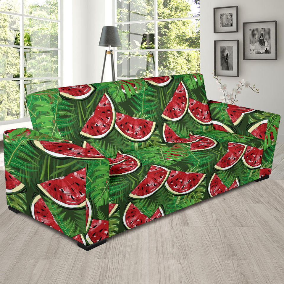 Watermelons Tropical Palm Leaves Pattern Background Sofa Slipcover