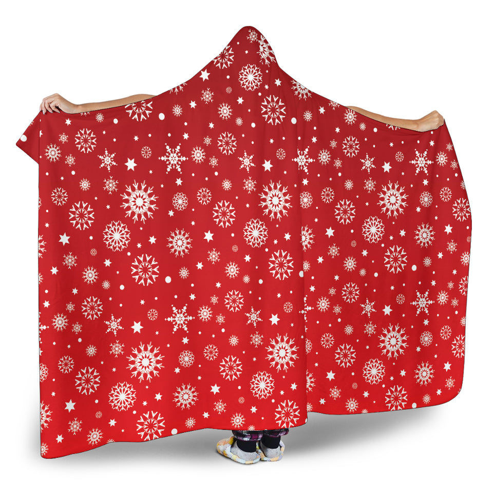 Snowflake Pattern Red Background Hooded Blanket