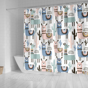Lama Alpaca Cactus Hand Drawn Pattern Shower Curtain Fulfilled In US