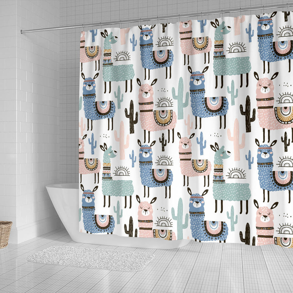 Lama Alpaca Cactus Hand Drawn Pattern Shower Curtain Fulfilled In US