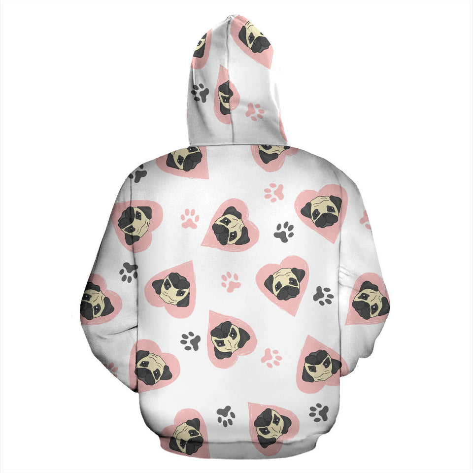 Cute Pugs Pink Heart Paw Pattern Men Women Pullover Hoodie