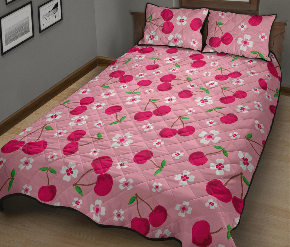 cherry flower pattern pink background Quilt Bed Set