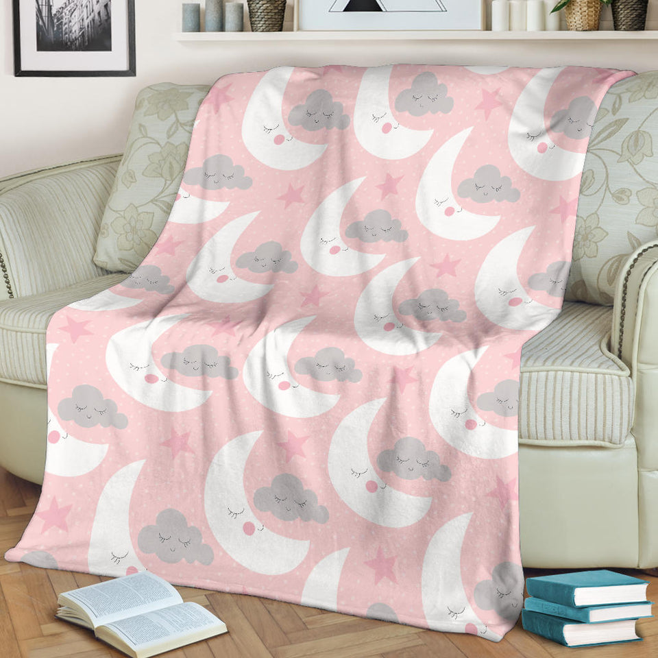 Cute Moon Cloud Star Pattern Pink Dot Background Premium Blanket