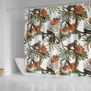 Monkey Red Hibiscus Flower Palm Leaves Floral Pattern Shower Curtain Fulfilled In US