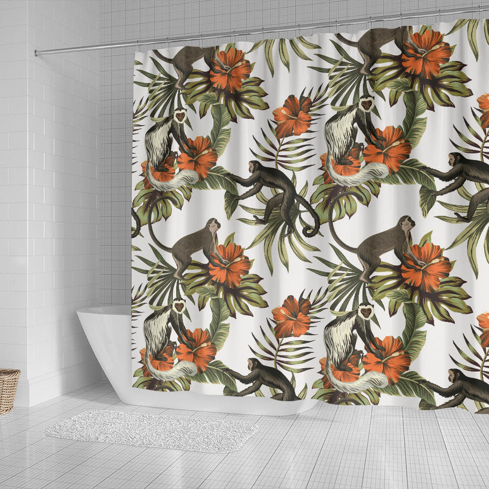 Monkey Red Hibiscus Flower Palm Leaves Floral Pattern Shower Curtain Fulfilled In US