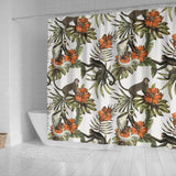 Monkey Red Hibiscus Flower Palm Leaves Floral Pattern Shower Curtain Fulfilled In US