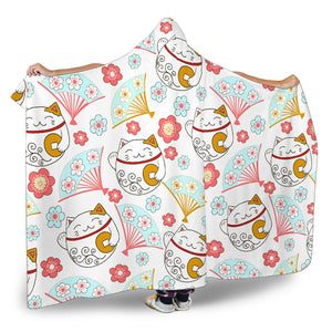 Maneki Neko Lucky Cat Fan Sakura Hooded Blanket