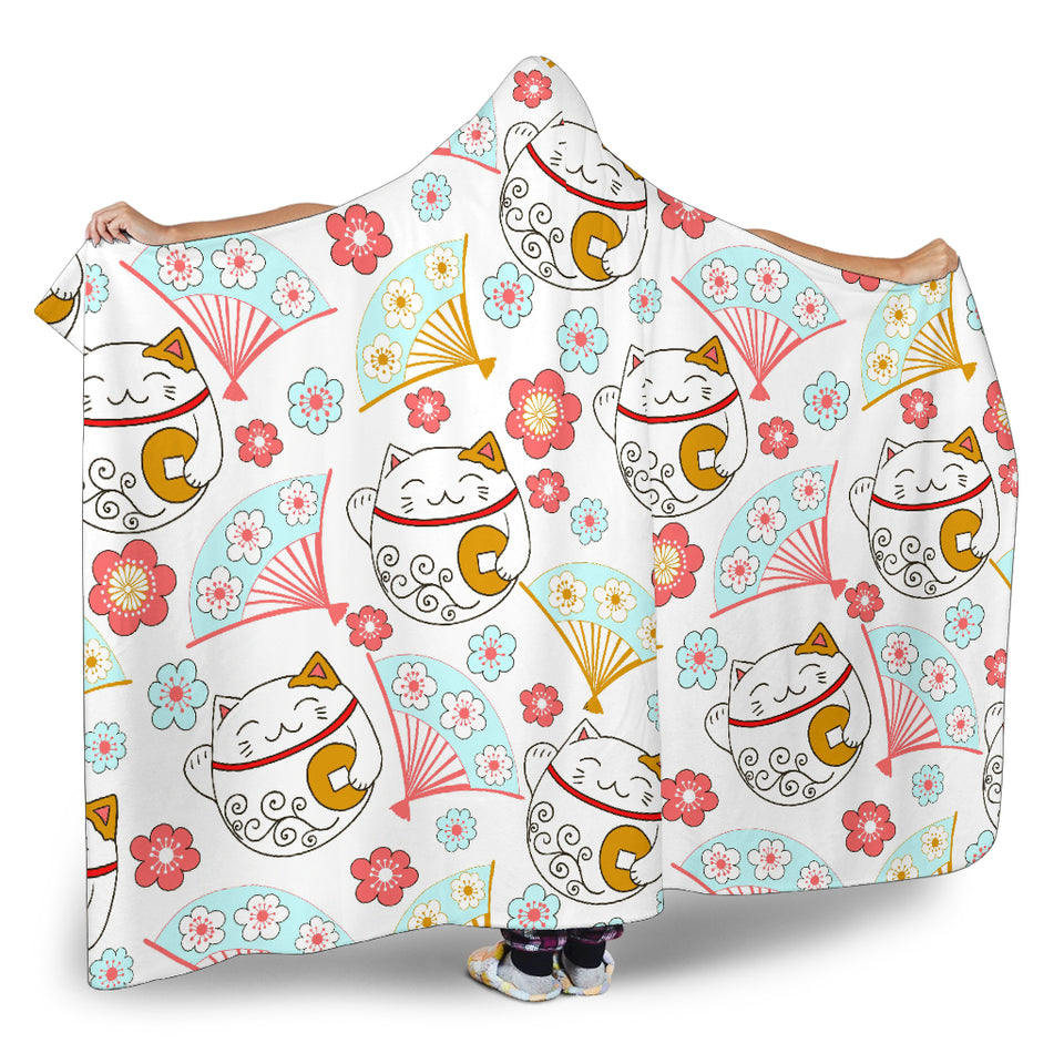 Maneki Neko Lucky Cat Fan Sakura Hooded Blanket
