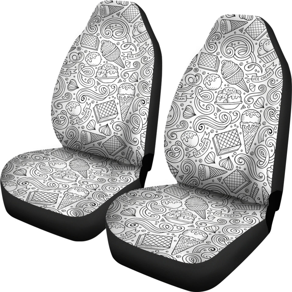 Cartoon Hand Drawn Ice Cream Black White Universal Fit Car Seat Covers
