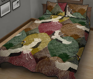 Japanese cranes flying forest dot pattern Quilt Bed Set