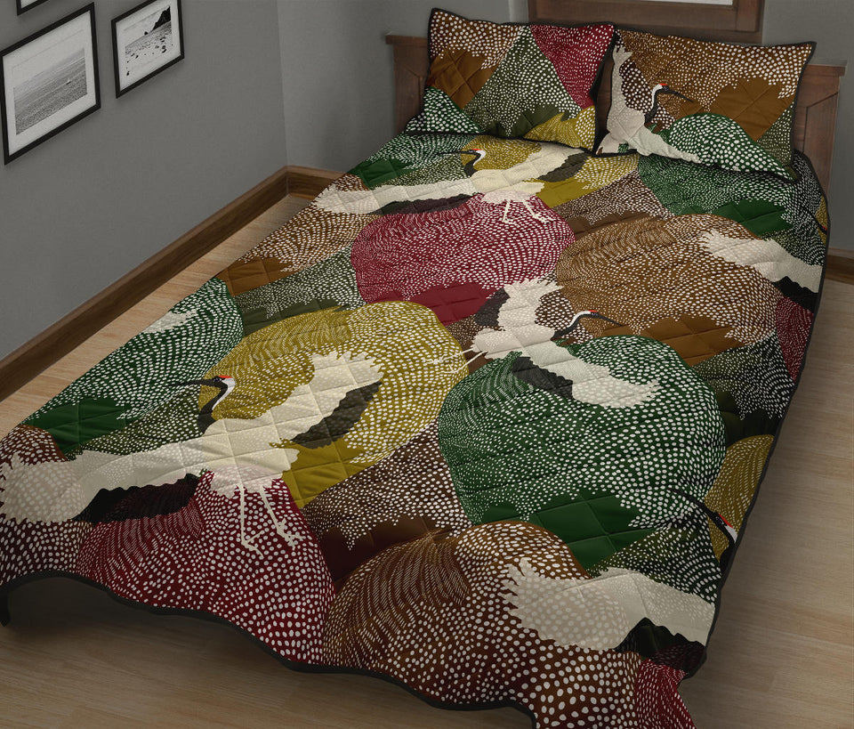 Japanese cranes flying forest dot pattern Quilt Bed Set
