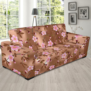 Pink Sakura Cherry Blossom Drak Brown Background Sofa Slipcover