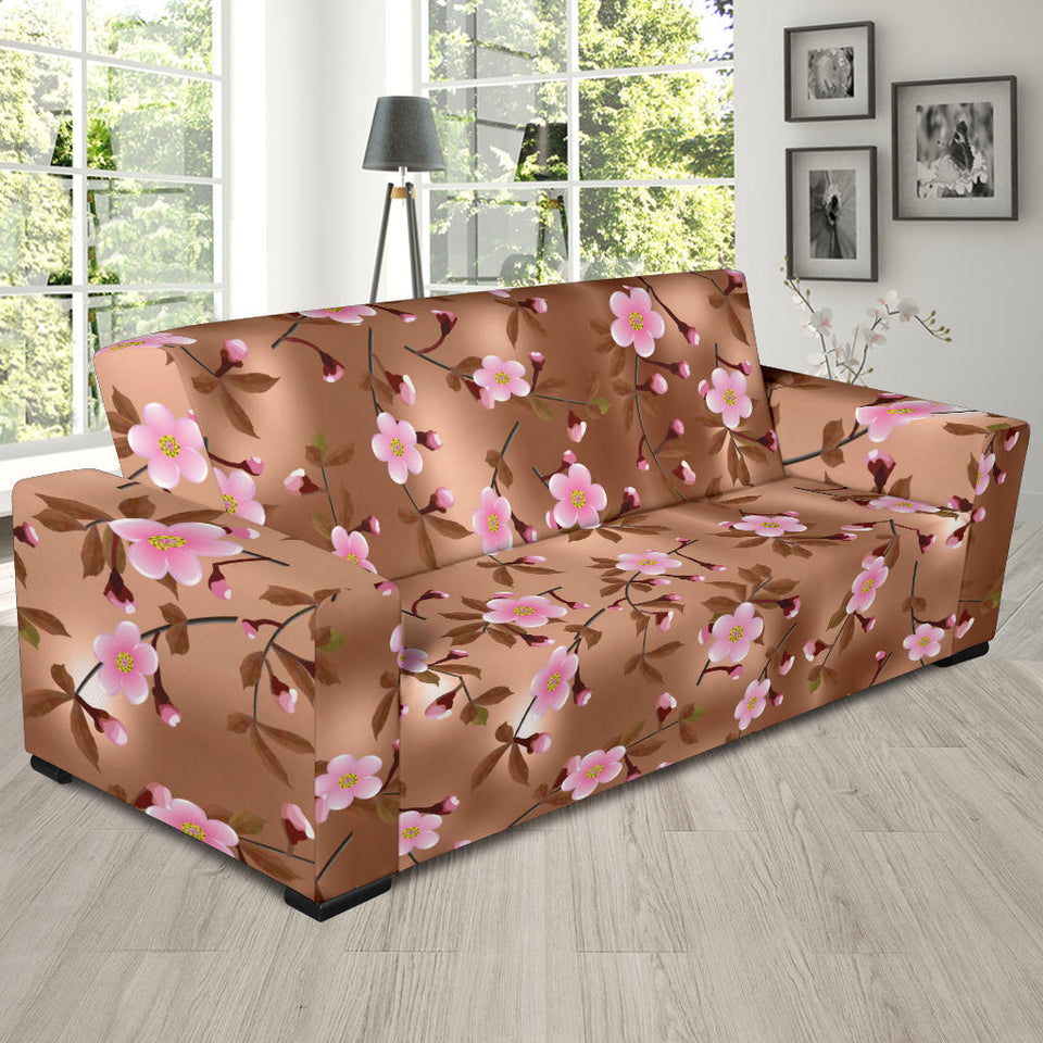 Pink Sakura Cherry Blossom Drak Brown Background Sofa Slipcover