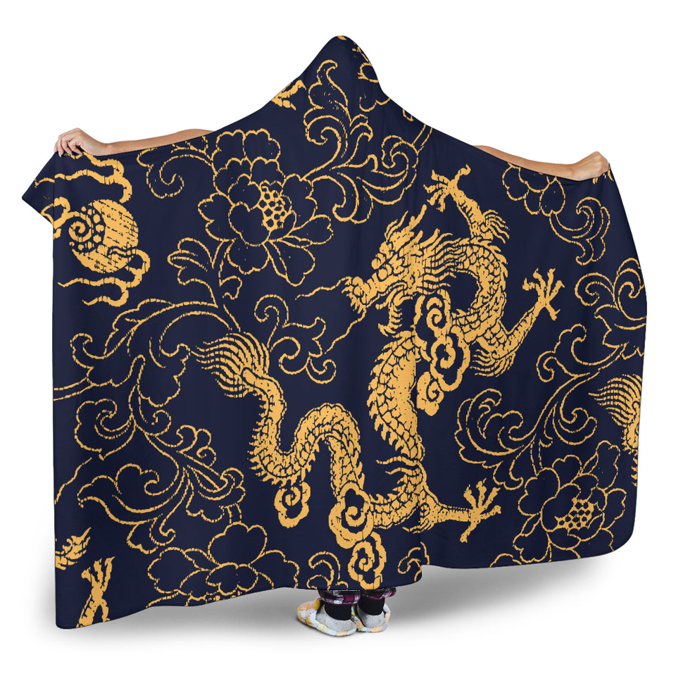 Gold Dragon Pattern Hooded Blanket