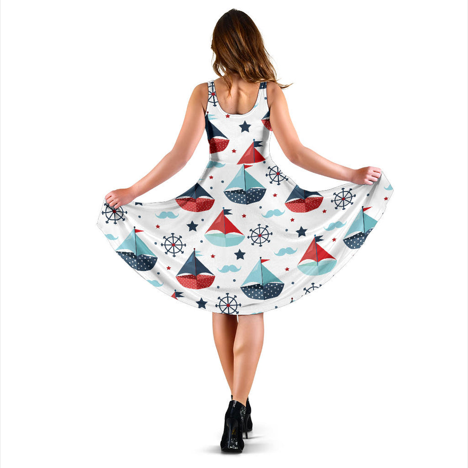 Cute Color Paper Sailboat Pattern Sleeveless Midi Dress