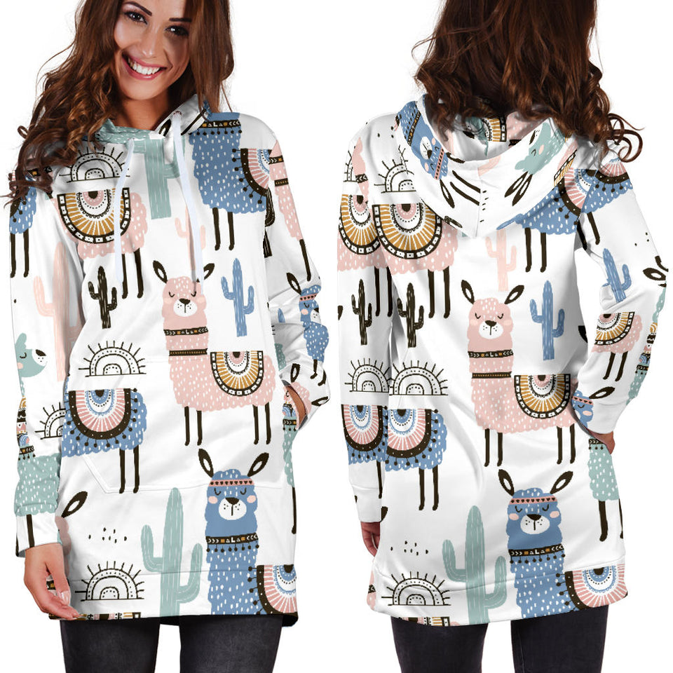 Lama Alpaca Cactus Hand Drawn Pattern Women'S Hoodie Dress