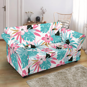 Toucan Tropical Flower Leave Pattern Loveseat Couch Slipcover