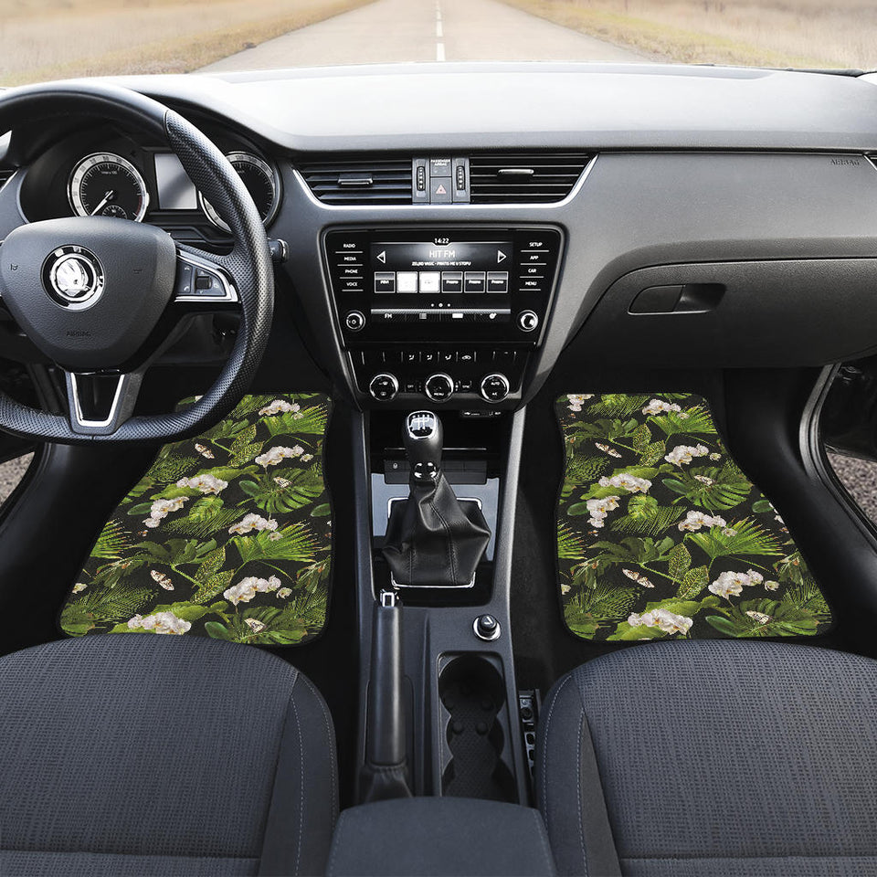 White Orchid Flower Tropical Leaves Pattern Blackground Front Car Mats