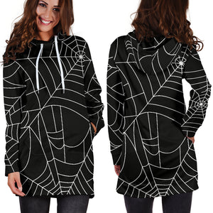 Spider Web Pattern Black Background White Cobweb Women'S Hoodie Dress