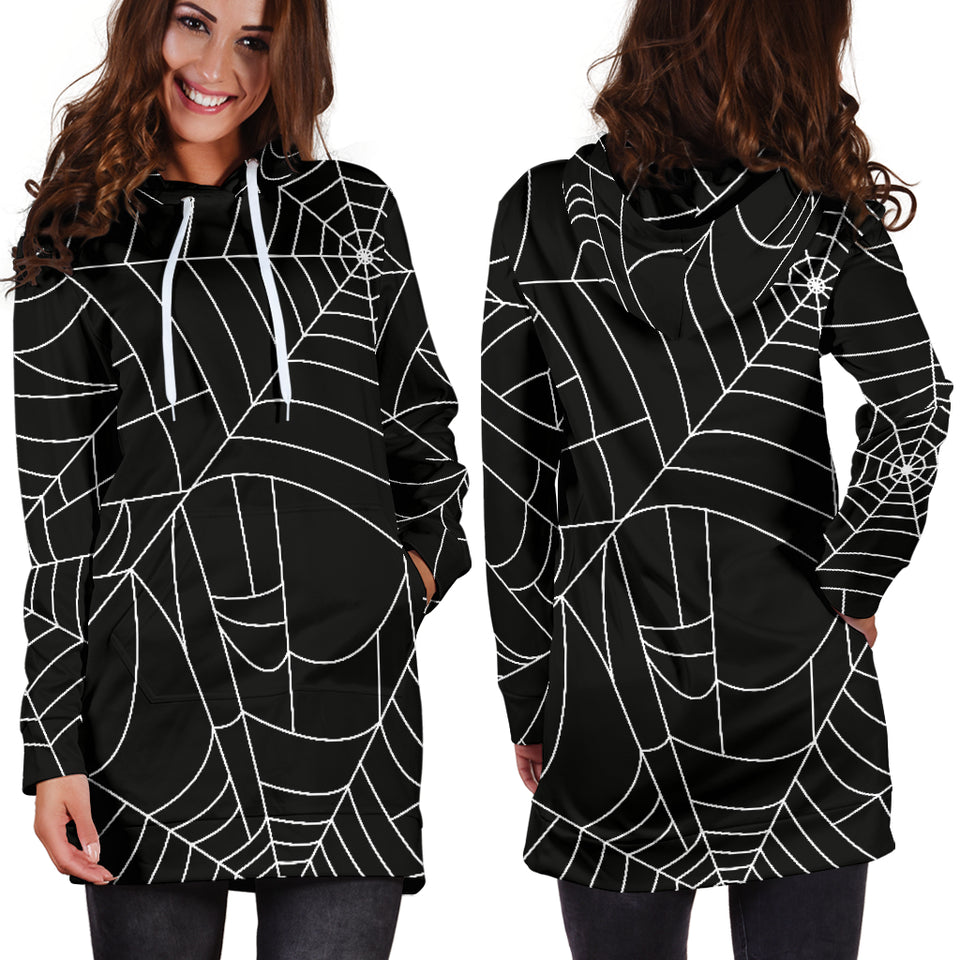 Spider Web Pattern Black Background White Cobweb Women'S Hoodie Dress