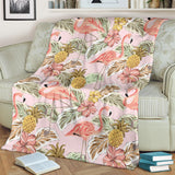 Pink Flamingo Birds Pineapples Hibiscus Flower Pattern Premium Blanket
